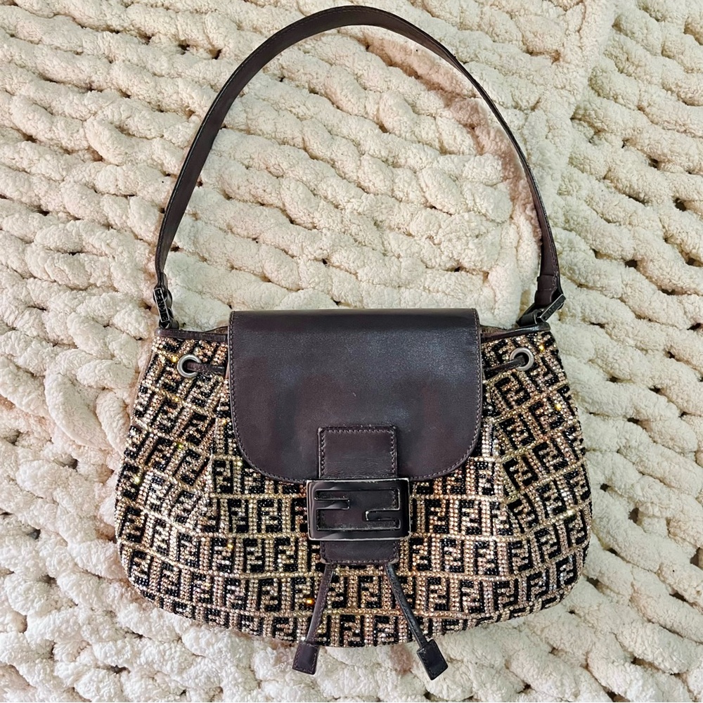 RARE Fendi Crystal Rhinestone Strass Baguette Zucchino FF Logo Shoulder Bag